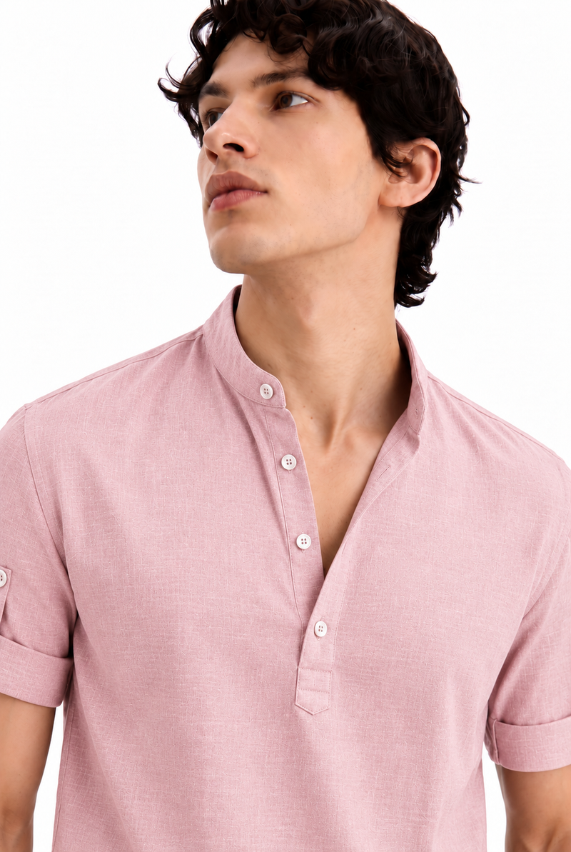 Men's Premium Textured Linen-Blend Mandarin Collar Henley Shirt