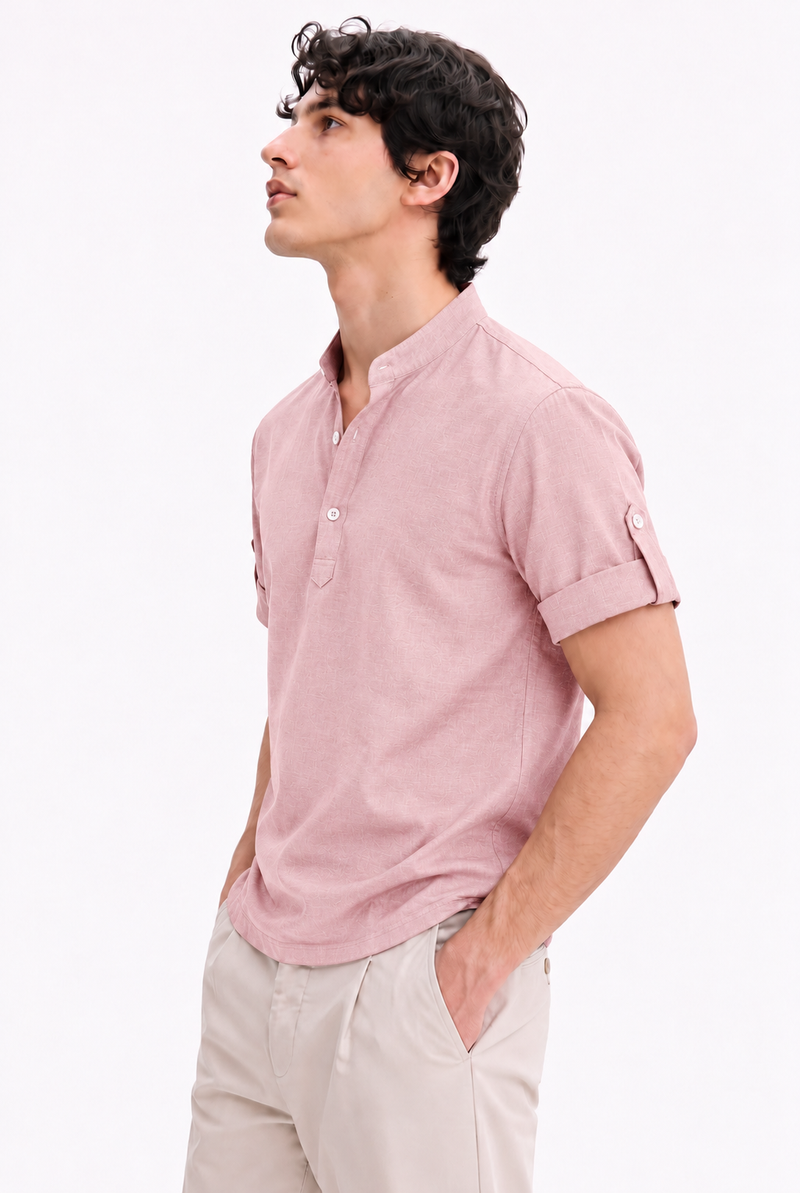 Men's Premium Textured Linen-Blend Mandarin Collar Henley Shirt