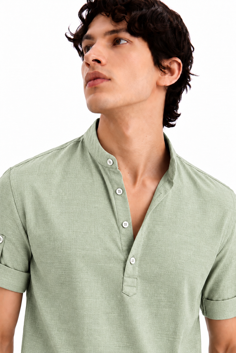 Men's Premium Textured Linen-Blend Mandarin Collar Henley Shirt