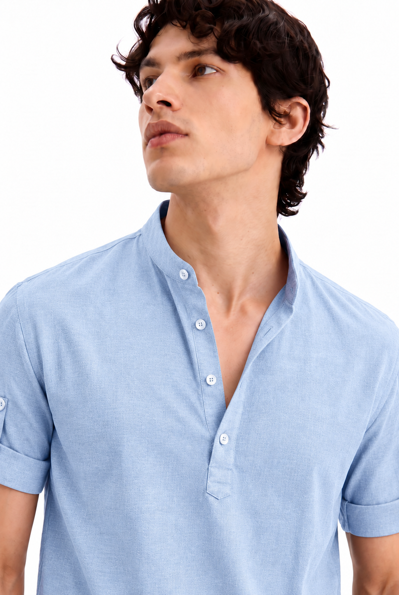 Men's Premium Textured Linen-Blend Mandarin Collar Henley Shirt