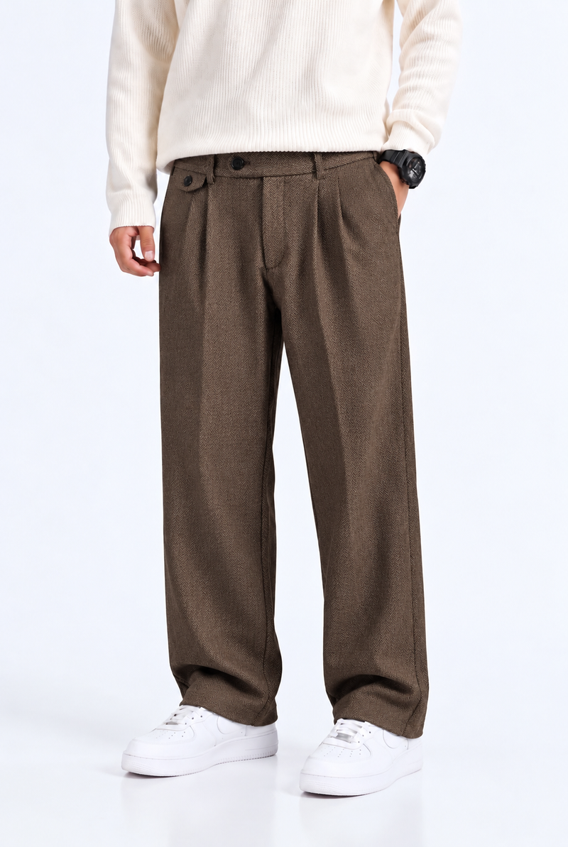 Men’s Premium Herringbone Pleated Wide-Leg Trousers
