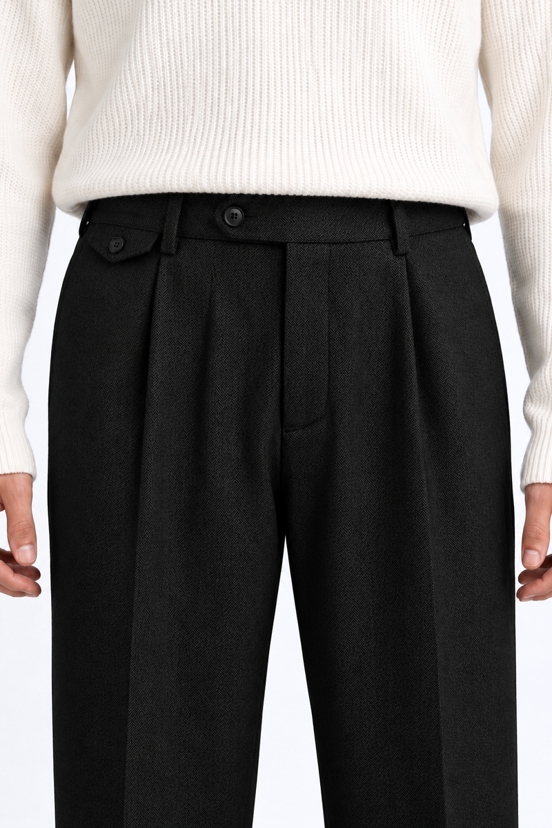 Men’s Premium Herringbone Pleated Wide-Leg Trousers