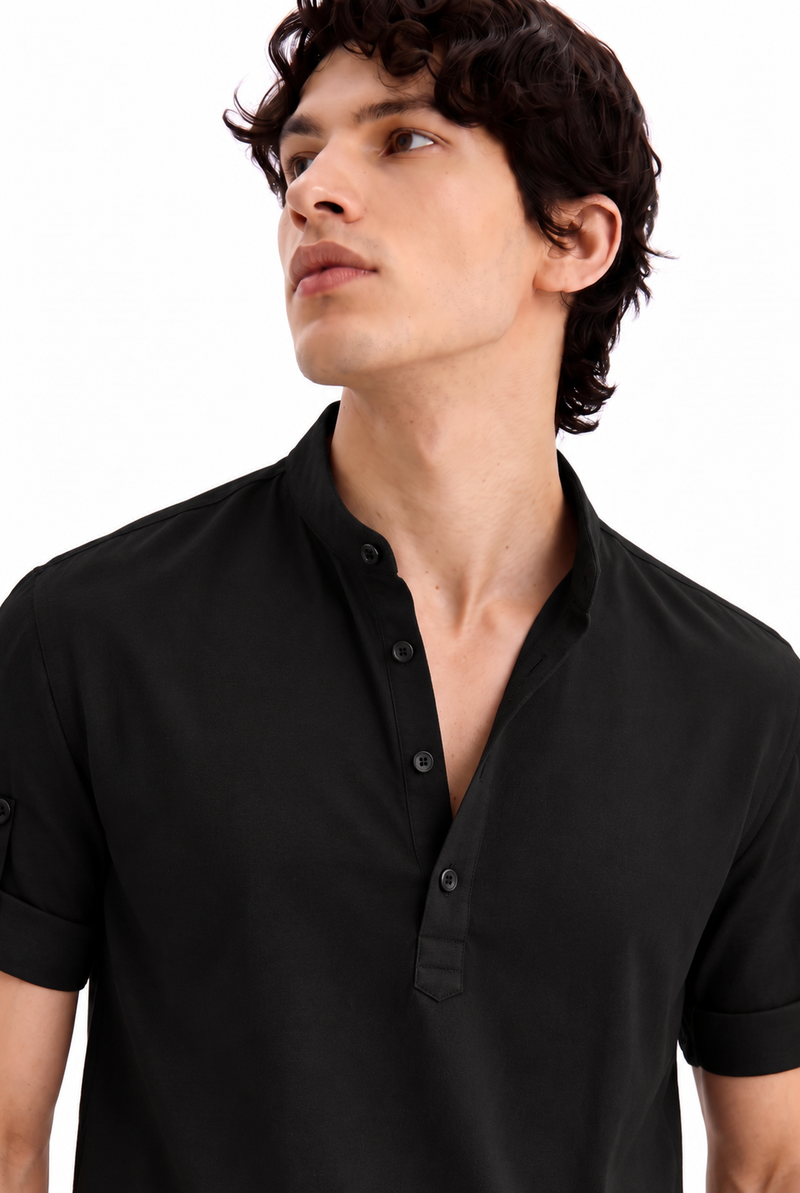 Men's Premium Textured Linen-Blend Mandarin Collar Henley Shirt