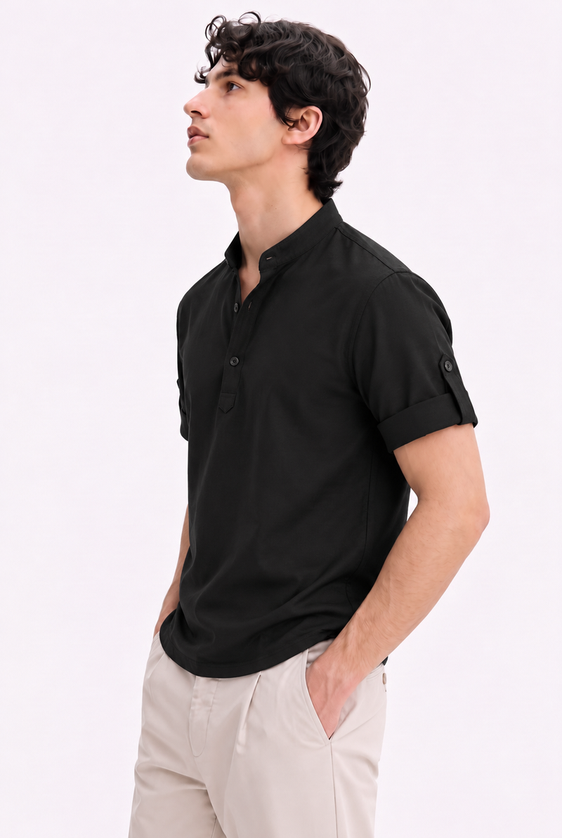 Men's Premium Textured Linen-Blend Mandarin Collar Henley Shirt