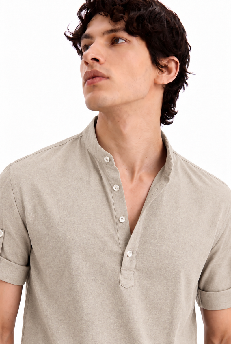 Men's Premium Textured Linen-Blend Mandarin Collar Henley Shirt