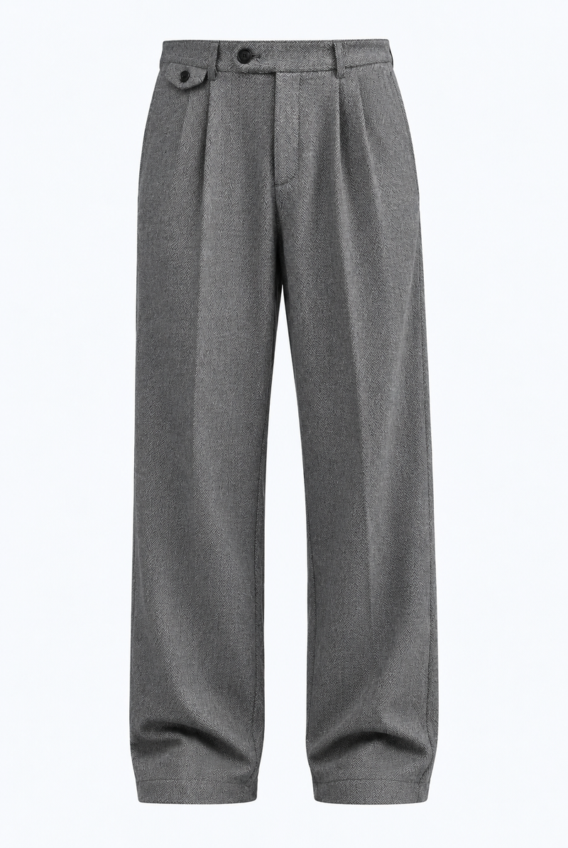 Men’s Premium Herringbone Pleated Wide-Leg Trousers