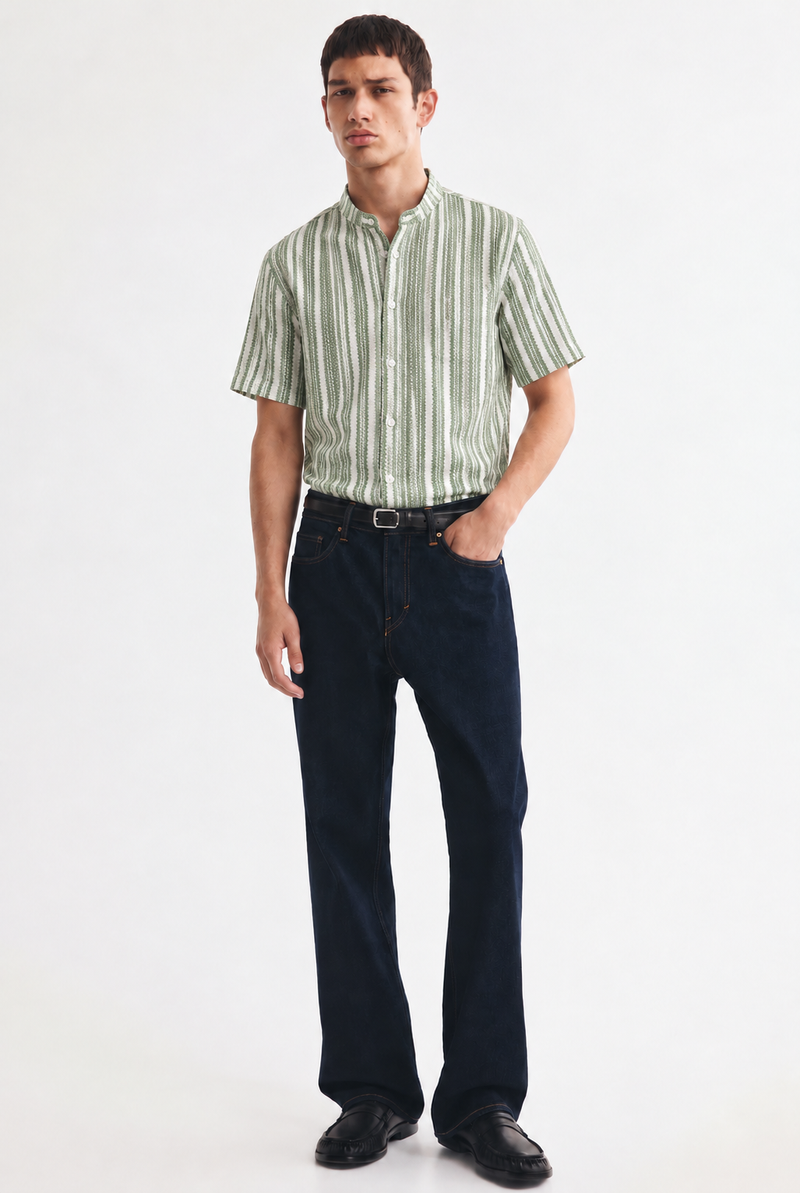 Men's Premium Textured Printed Mandarin Collar Short-Sleeve Shirt