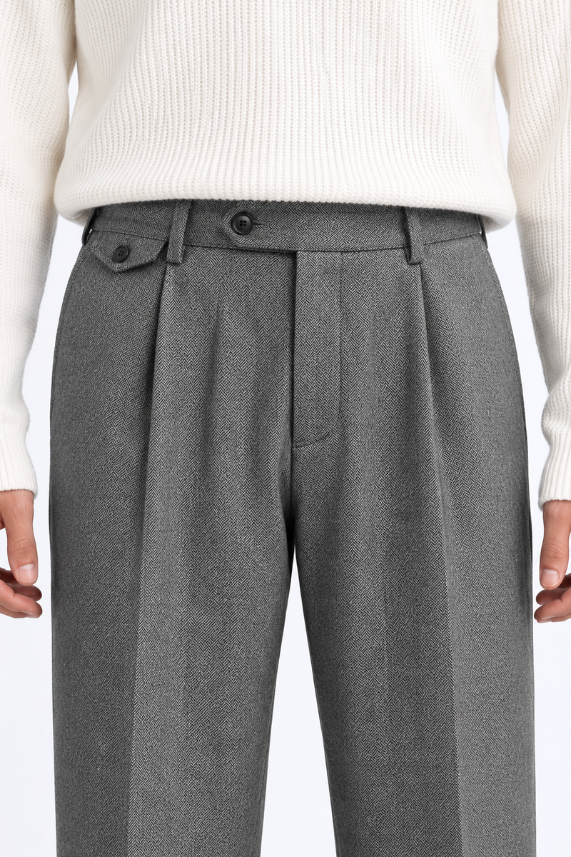 Men’s Premium Herringbone Pleated Wide-Leg Trousers