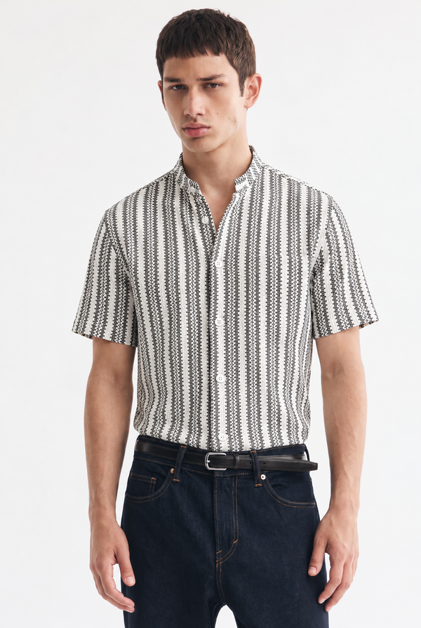 Men's Premium Textured Printed Mandarin Collar Short-Sleeve Shirt