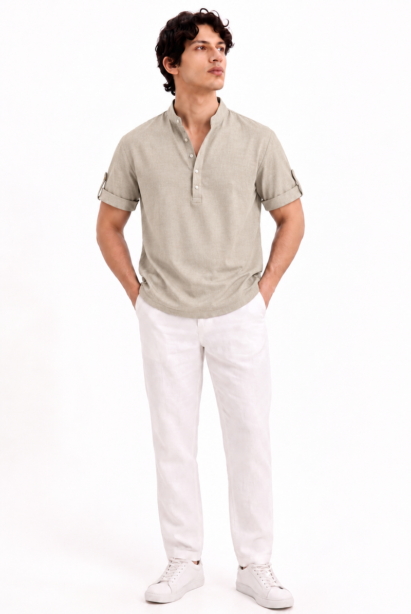 Men's Premium Textured Linen-Blend Mandarin Collar Henley Shirt