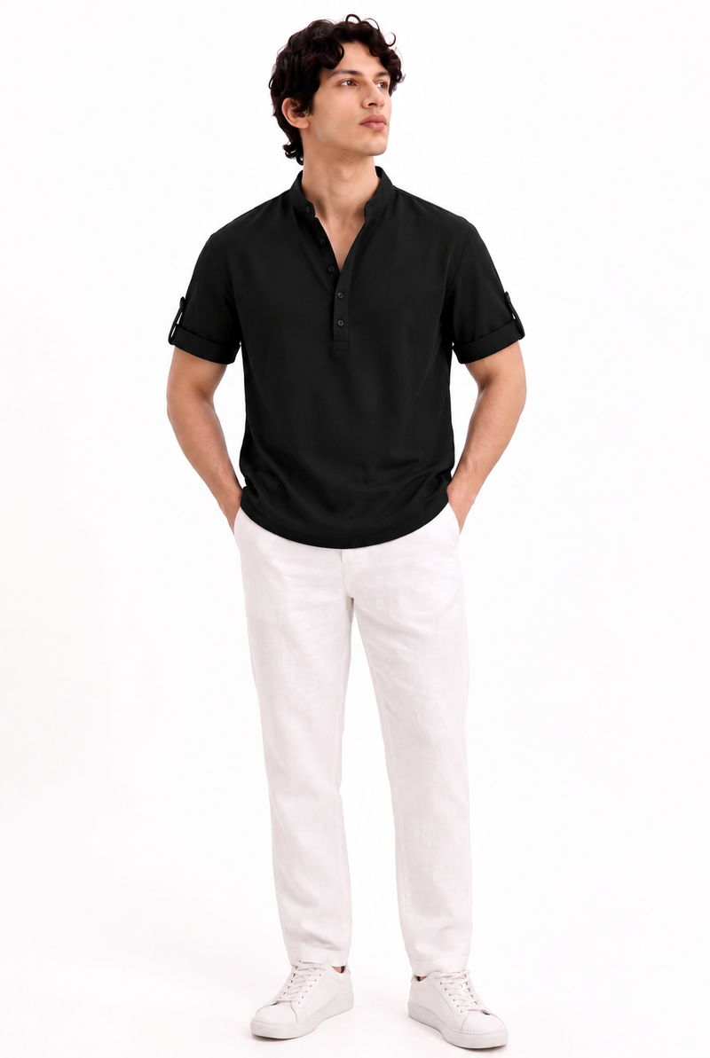 Men's Premium Textured Linen-Blend Mandarin Collar Henley Shirt