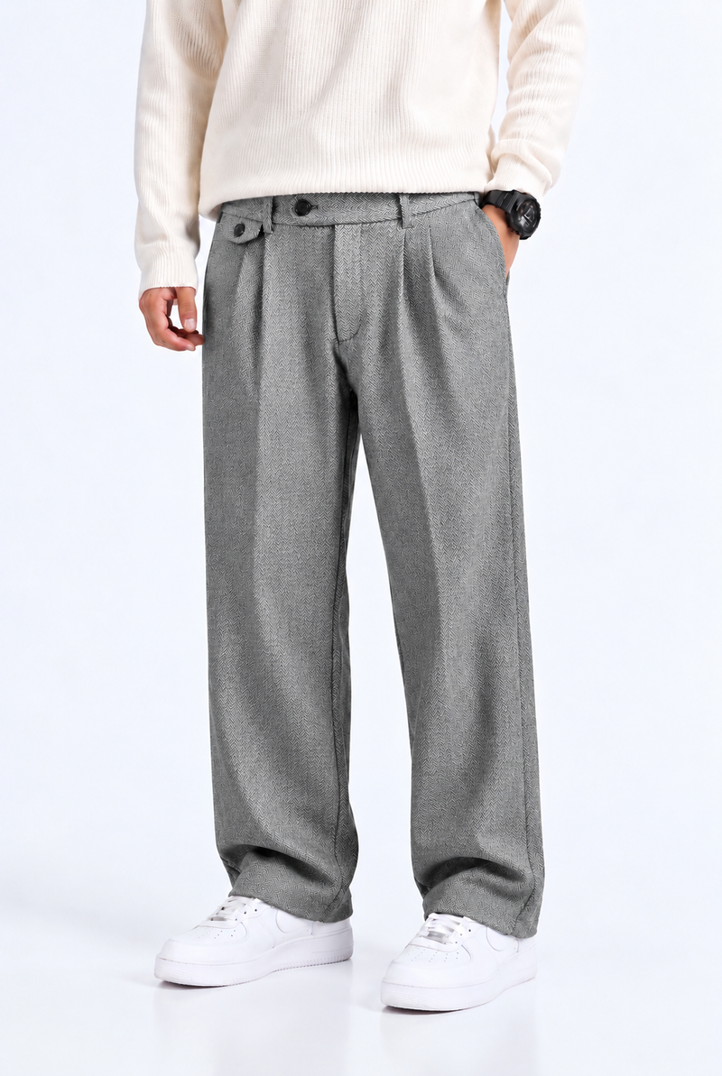 Men’s Premium Herringbone Pleated Wide-Leg Trousers