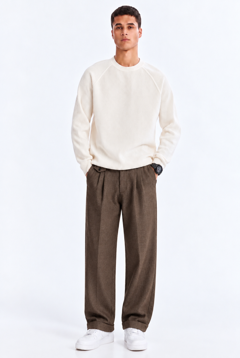 Men’s Premium Herringbone Pleated Wide-Leg Trousers