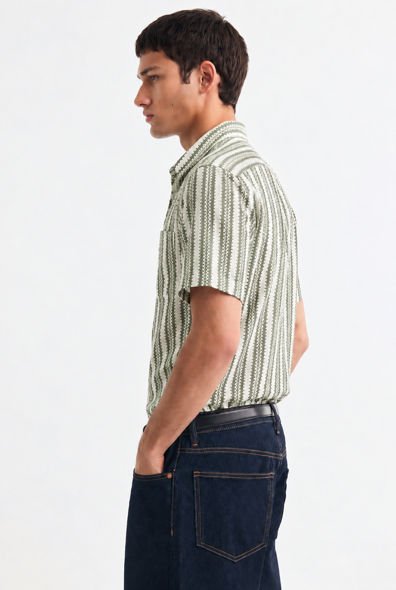 Men's Premium Textured Printed Mandarin Collar Short-Sleeve Shirt