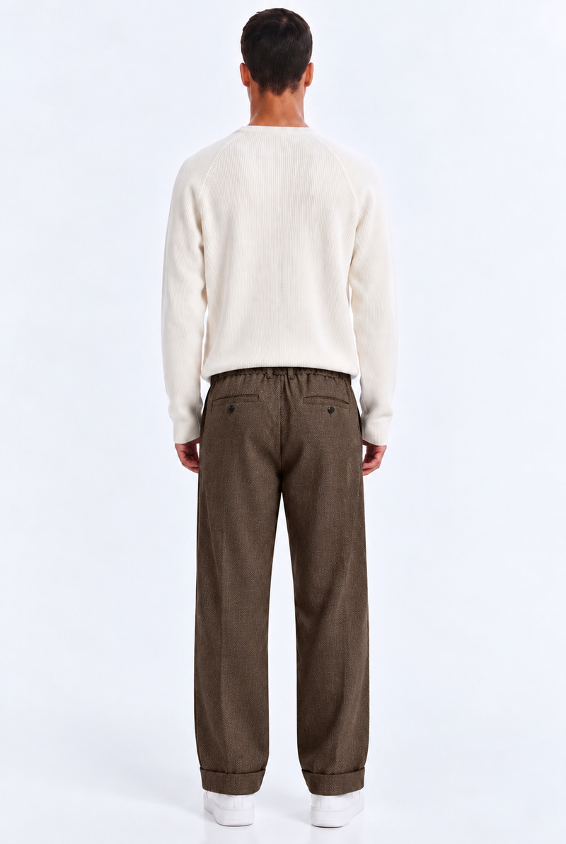 Men’s Premium Herringbone Pleated Wide-Leg Trousers