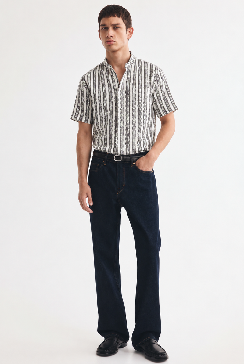 Men's Premium Textured Printed Mandarin Collar Short-Sleeve Shirt