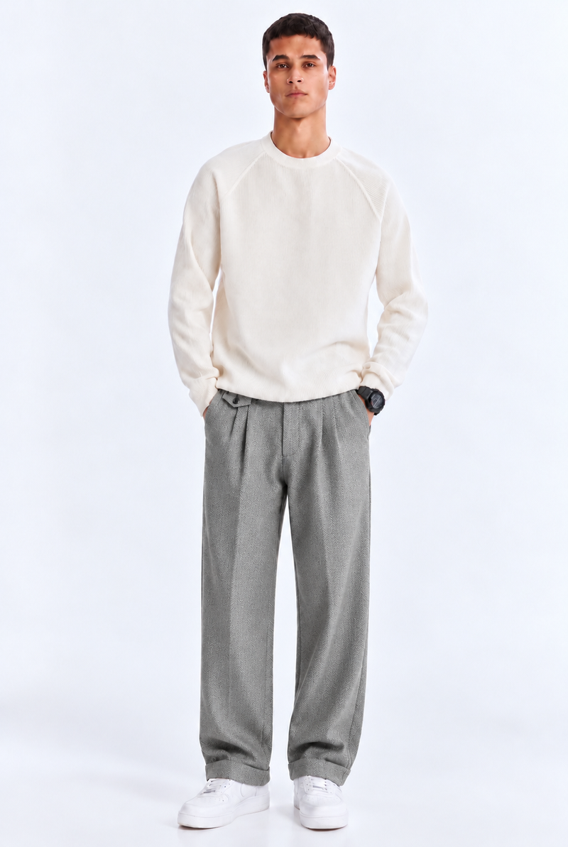Men’s Premium Herringbone Pleated Wide-Leg Trousers