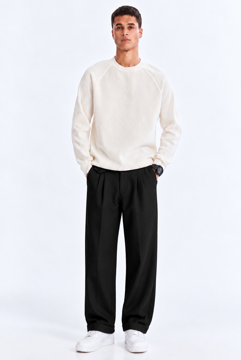 Men’s Premium Herringbone Pleated Wide-Leg Trousers