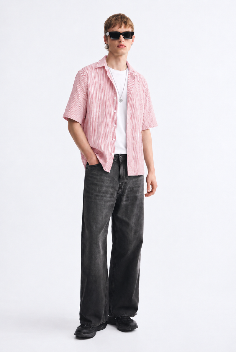 Men's Premium Striped Textured Short-Sleeve Shirt