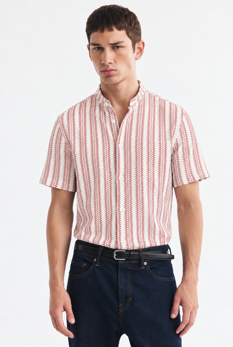 Men's Premium Textured Printed Mandarin Collar Short-Sleeve Shirt