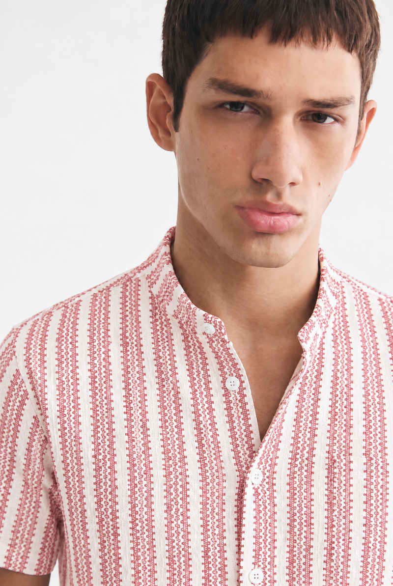 Men's Premium Textured Printed Mandarin Collar Short-Sleeve Shirt