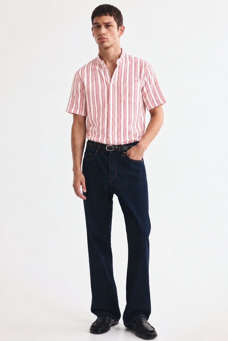 Men's Premium Textured Printed Mandarin Collar Short-Sleeve Shirt