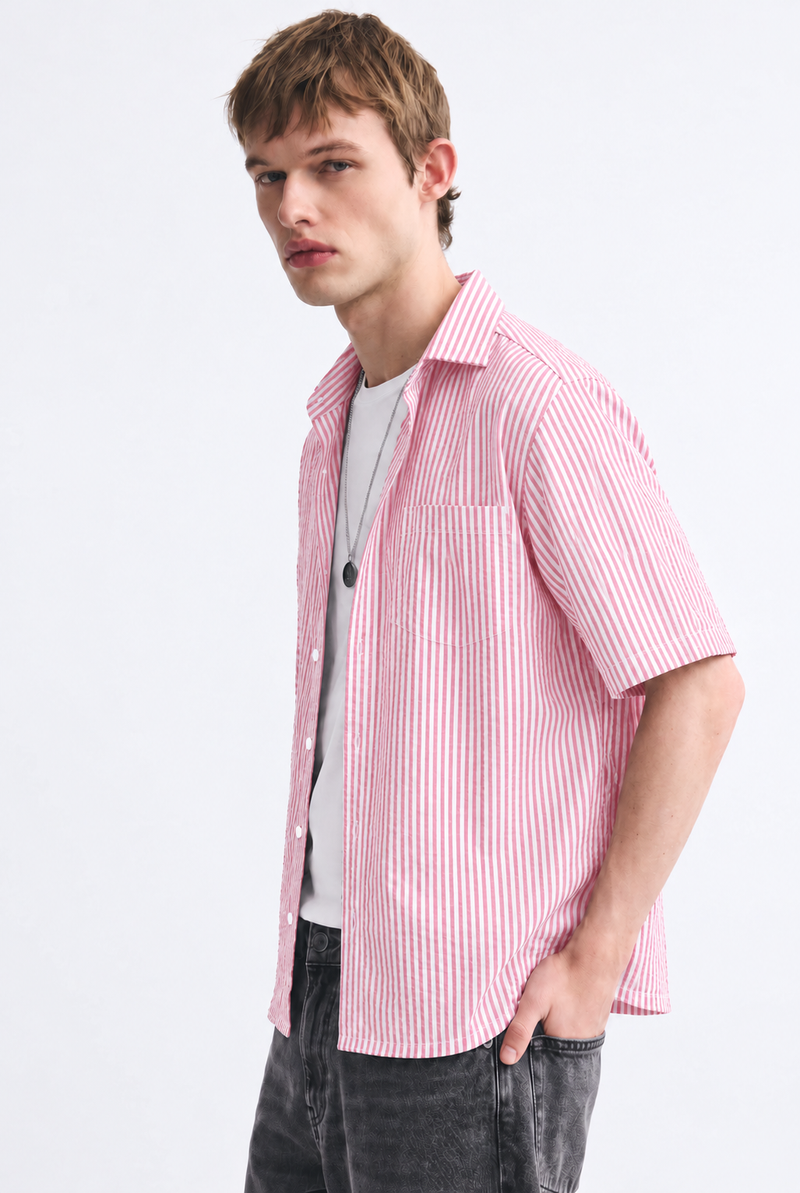 Men's Premium Striped Textured Short-Sleeve Shirt