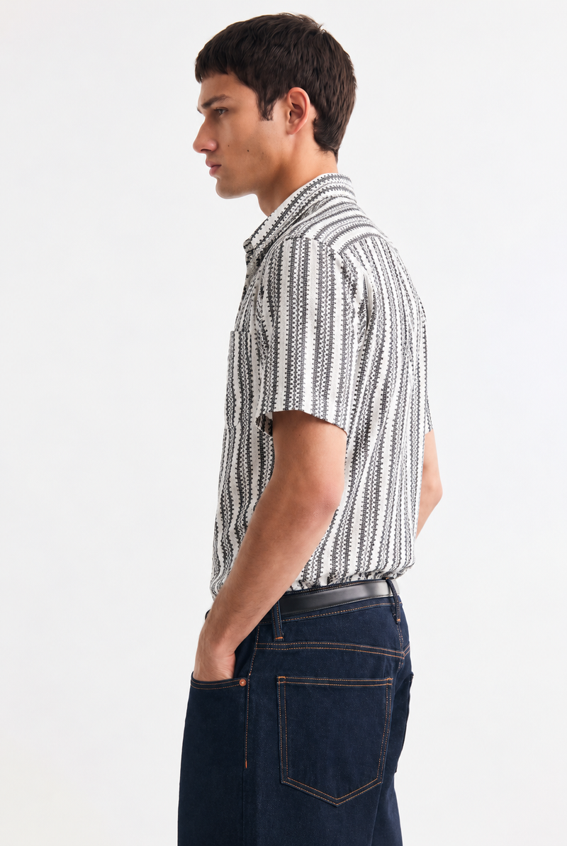 Men's Premium Textured Printed Mandarin Collar Short-Sleeve Shirt