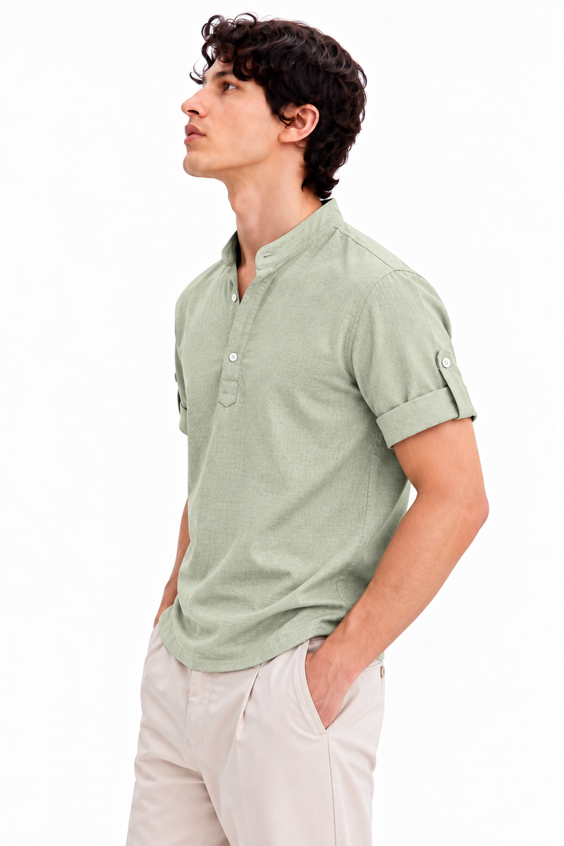 Men's Premium Textured Linen-Blend Mandarin Collar Henley Shirt