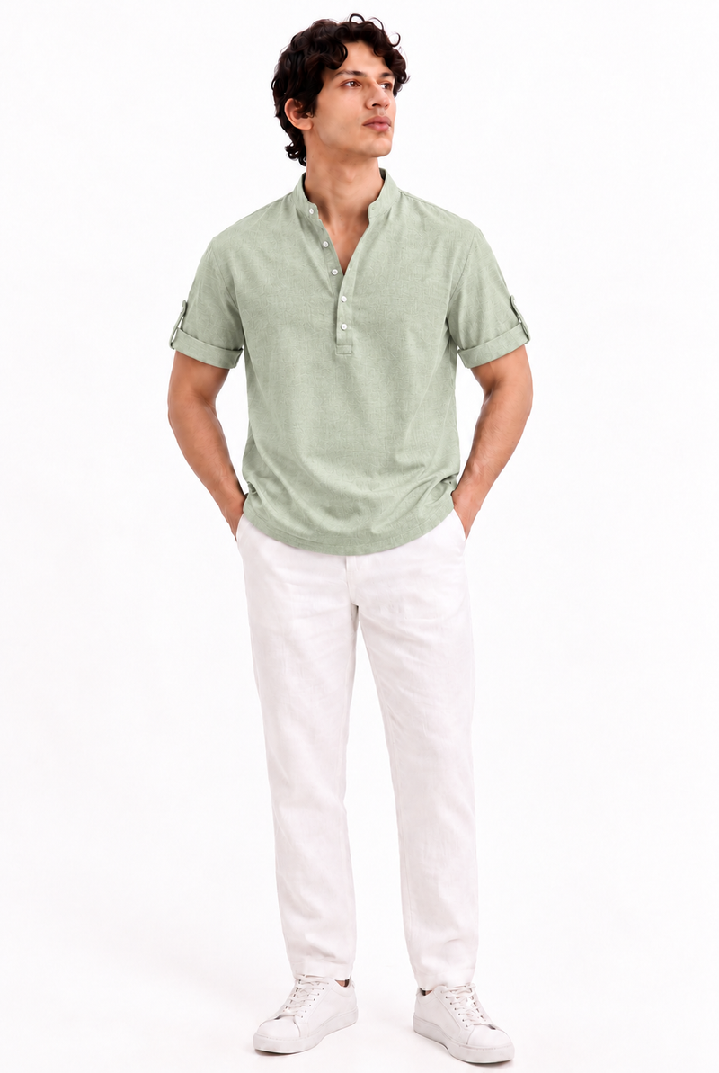Men's Premium Textured Linen-Blend Mandarin Collar Henley Shirt