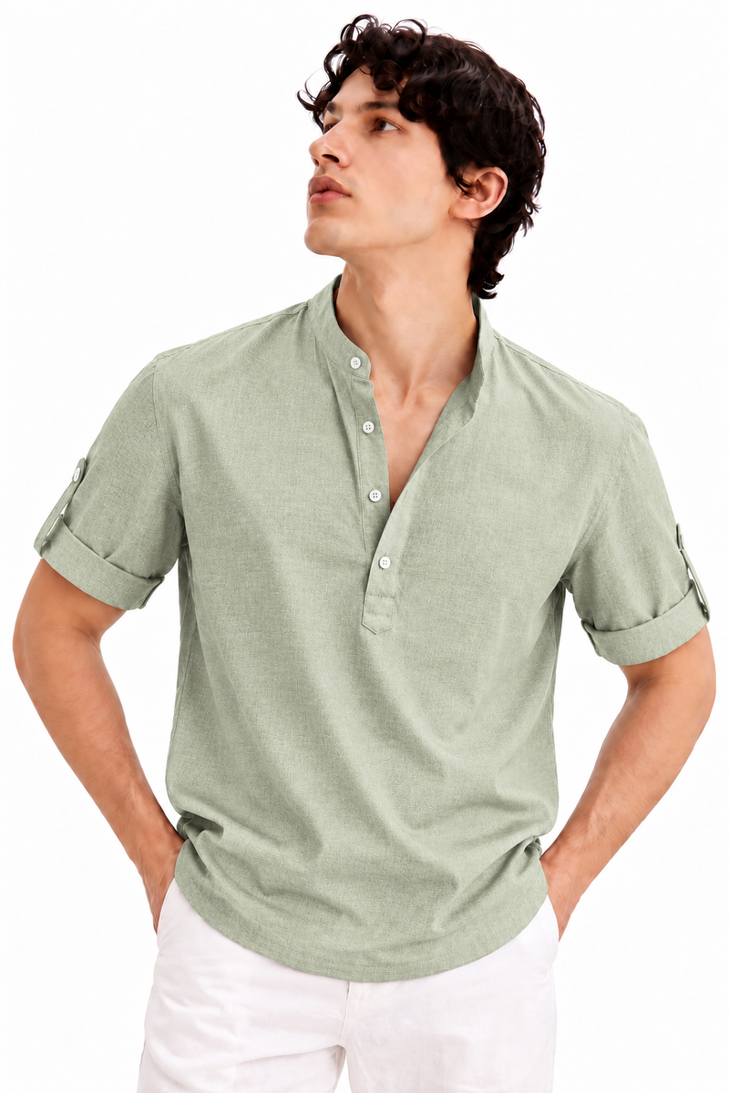 Men's Premium Textured Linen-Blend Mandarin Collar Henley Shirt