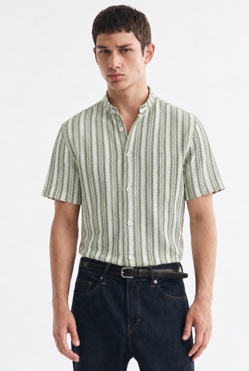 Men's Premium Textured Printed Mandarin Collar Short-Sleeve Shirt
