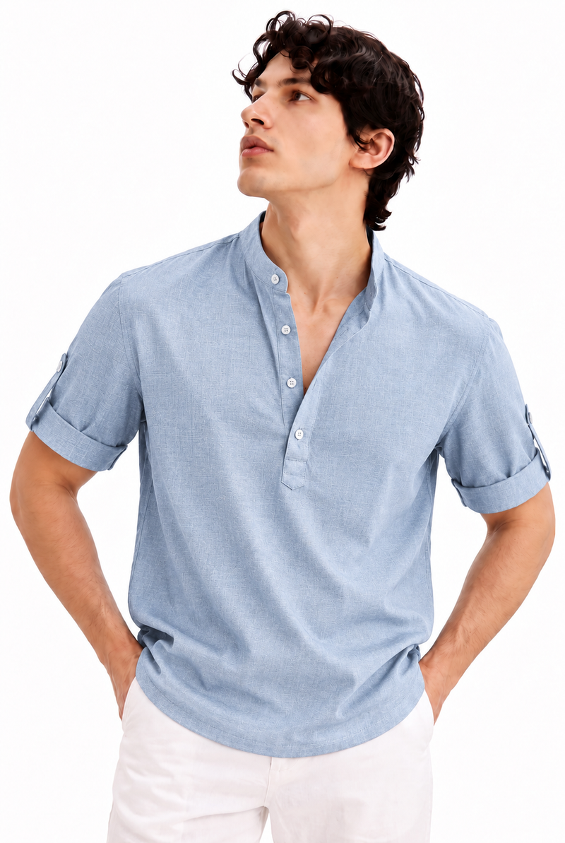 Men's Premium Textured Linen-Blend Mandarin Collar Henley Shirt