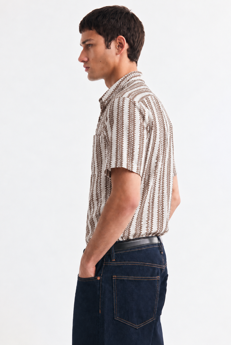 Men's Premium Textured Printed Mandarin Collar Short-Sleeve Shirt