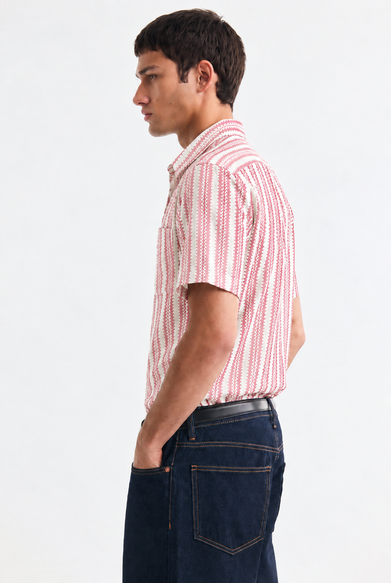 Men's Premium Textured Printed Mandarin Collar Short-Sleeve Shirt
