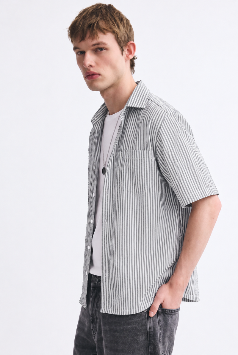 Men's Premium Striped Textured Short-Sleeve Shirt