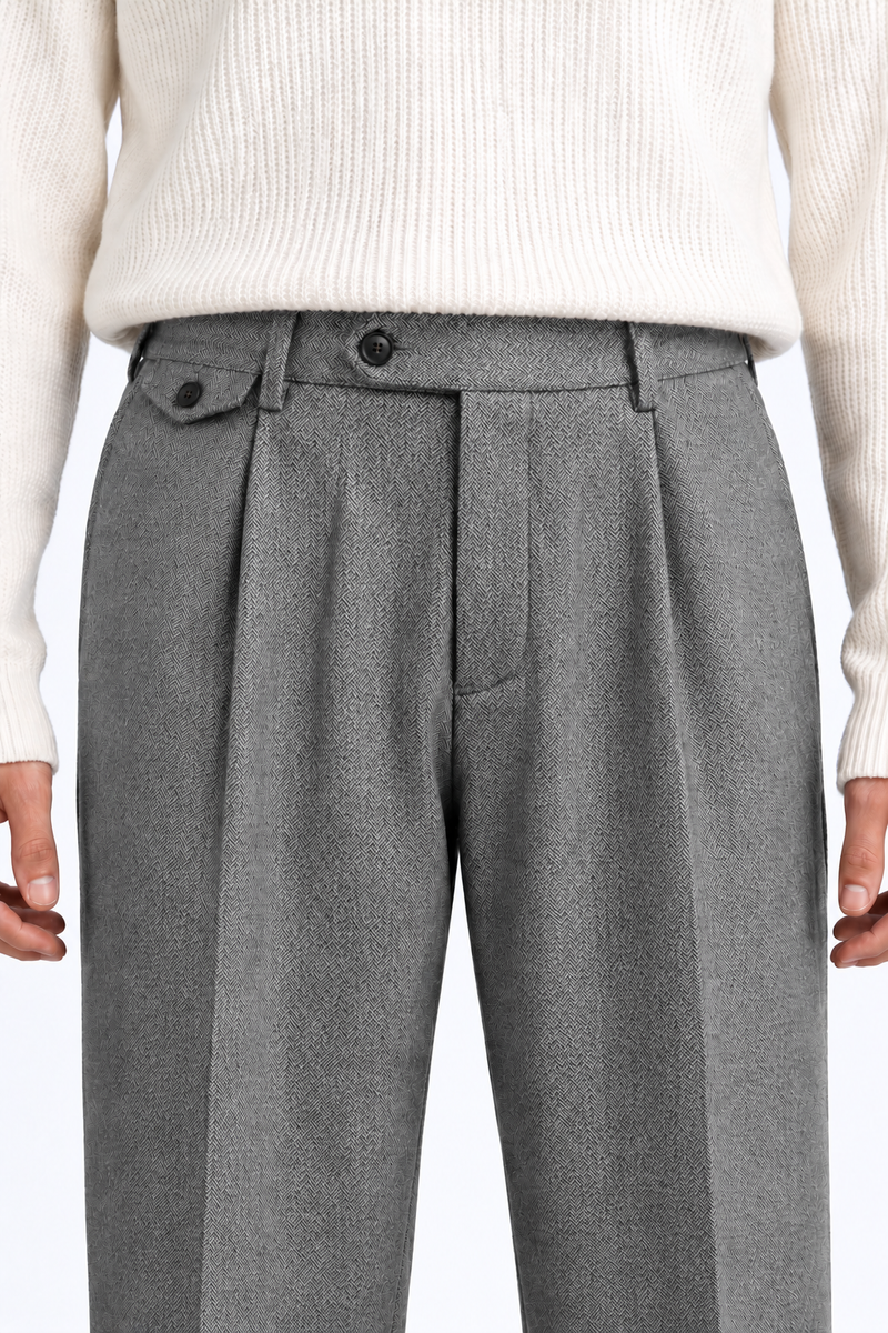 Men’s Premium Herringbone Pleated Wide-Leg Trousers