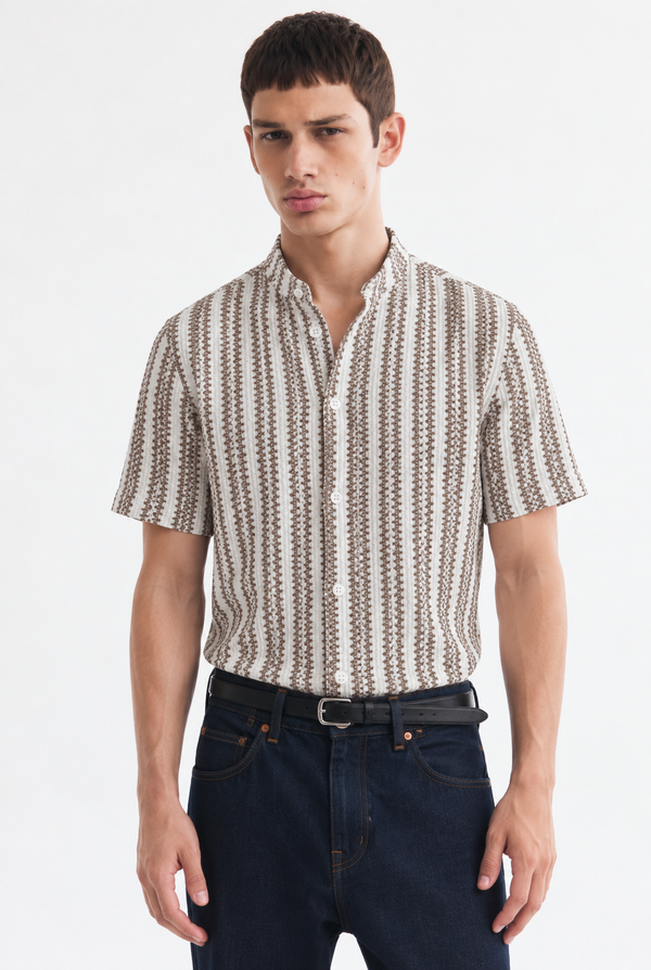 Men's Premium Textured Printed Mandarin Collar Short-Sleeve Shirt