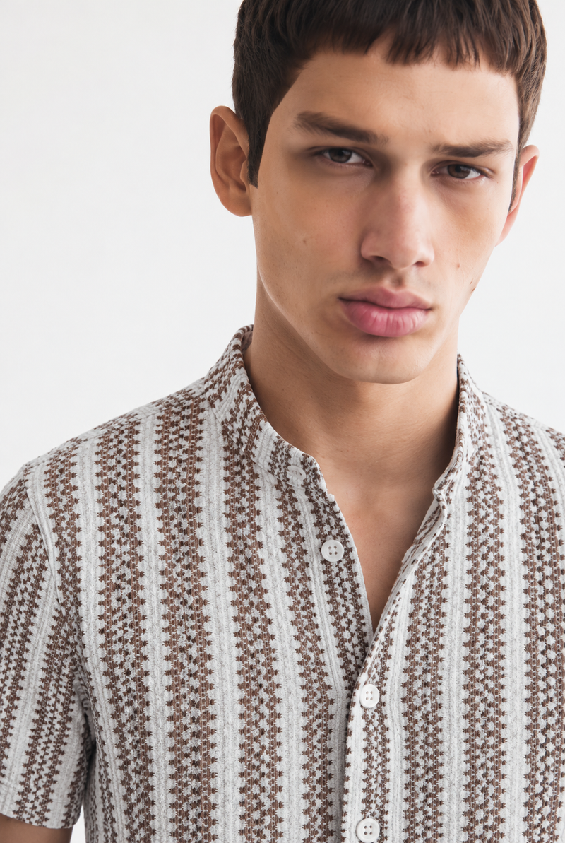 Men's Premium Textured Printed Mandarin Collar Short-Sleeve Shirt