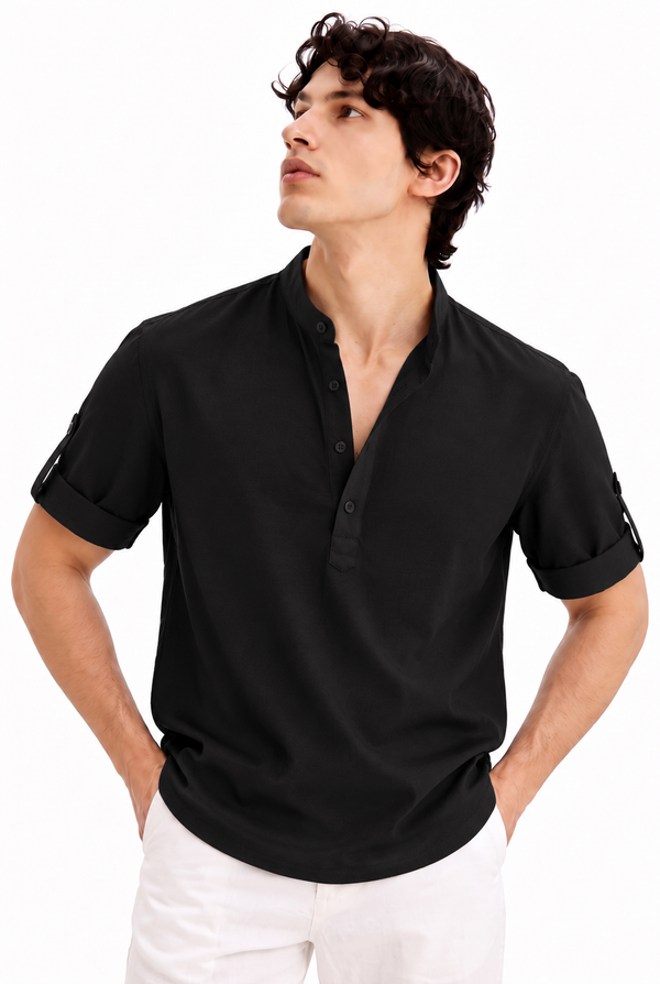 Men's Premium Textured Linen-Blend Mandarin Collar Henley Shirt